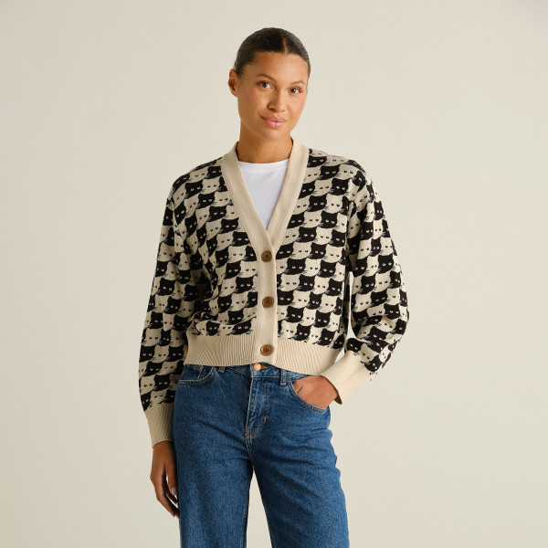 Cardigan Kanan Pepita Cats Oat White
