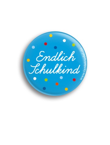 Tante Trudel Button Endlich Schulkind blau