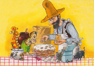 Postkarte Pettersson & Findus Pfannkuchentorte