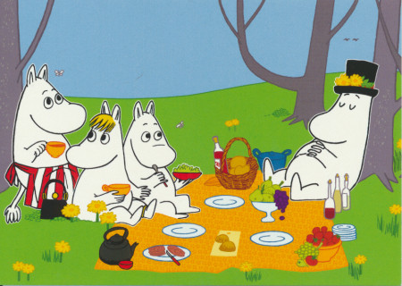 Postkarte Muminfamilie Picknick