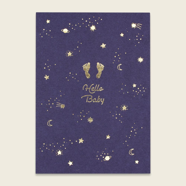 Ava & Yves Postkarte Hello Baby Sterne und Planeten Nachtblau mit Goldfolie