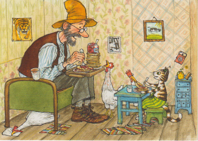 Postkarte Pettersson & Findus essen Pfannkuchen